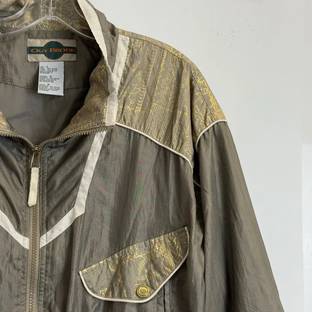 Out‎ Brook Vintage Windbreaker Jacket Olive Gold Graphic Zip Up Womens Large 80s